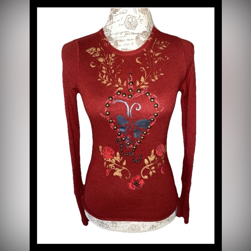 Vintage Y2K Twisted Heart Sweater Studded Embroidered Silk Blend Women’s Size S
